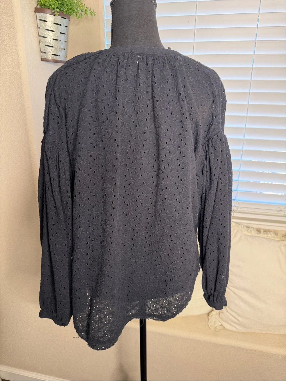 Free People Maddison Oversized Black Eyelet Button-Front Blouse- Boho Chic